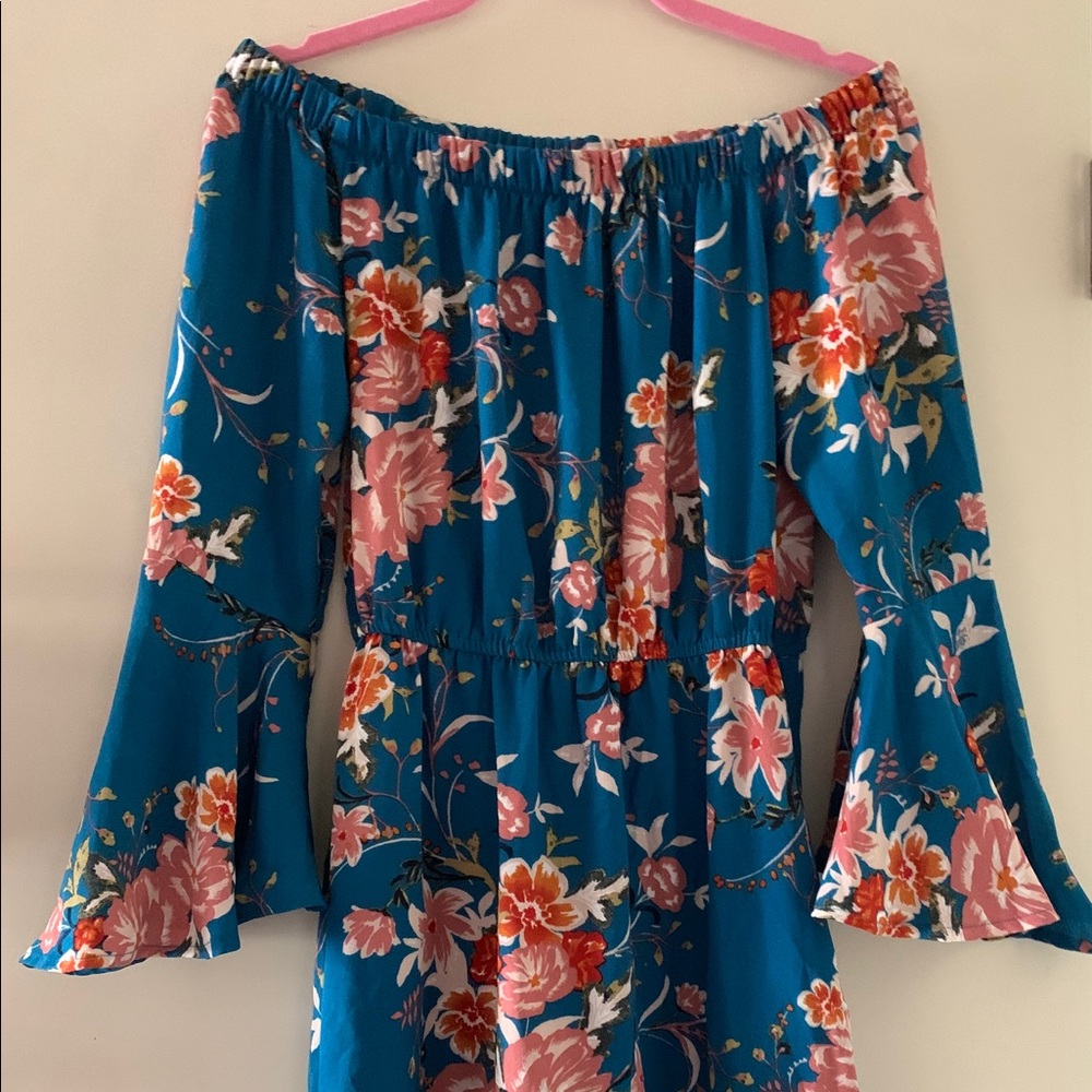 Turquoise Blue Floral Off the Shoulder Dress S